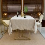 Masa örtüsü, vintage, boho, dikdörtgen kumaş, pamuk, keten, püsküllü tasarım, kırışmaz, yıkanabilir, tekrar kullanılabilir, mutfak, yemek masası dekorasyonu, kahverengi büyük desen, 140 x 220 cm