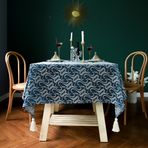 Masa örtüsü, vintage, boho, dikdörtgen kumaş, pamuk, keten, püsküllü tasarım, kırışmaz, yıkanabilir, tekrar kullanılabilir, mutfak, yemek masası dekorasyonu, mavi bulutlar, 135 x 260 cm
