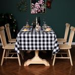Masa örtüsü, vintage, boho, dikdörtgen kumaş, pamuk, keten, püsküllü tasarım, kırışmaz, yıkanabilir, tekrar kullanılabilir, mutfak, yemek masası dekorasyonu, siyah beyaz karo 90 x 90 cm