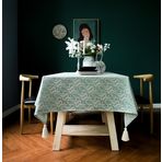 Masa örtüsü, vintage, boho, dikdörtgen kumaş, pamuk, keten, püsküllü tasarım, kırışmaz, yıkanabilir, tekrar kullanılabilir, mutfak, yemek masası dekorasyonu, yeşil bulutlar, 90 x 135 cm