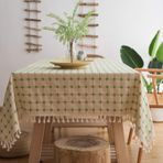 Masa örtüsü, vintage, boho, dikdörtgen kumaş, pamuk, keten, püsküllü tasarım, kırışmaz, yıkanabilir, tekrar kullanılabilir, mutfak, yemek masası dekorasyonu, yeşil noktalar, 140 x 220 cm