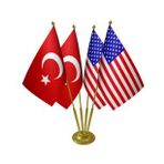 Masa Üstü Abd Amerika Bayrağı Türk Bayrağı Dörtlü Pirinç Direk Masa Bayrak Seti