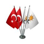 Masa Üstü Ak Parti Bayrağı Türk Bayrağı Dörtlü Krom Direk Masa Bayrak Seti