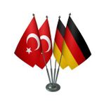 Masa Üstü Almanya Bayrağı Türk Bayrağı Dörtlü Krom Direk Masa Bayrak Seti