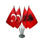Masa Üstü Arnavutluk Bayrağı Türk Bayrağı Dörtlü Krom Direk Masa Bayrak Seti