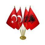 Masa Üstü Arnavutluk Bayrağı Türk Bayrağı Dörtlü Pirinç Direk Masa Bayrak Seti