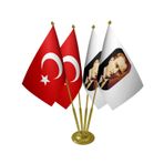 Masa Üstü Atatürk Bayrağı Türk Bayrağı Dörtlü Pirinç Direk Masa Bayrak Seti