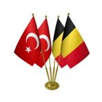 Masa Üstü Belçika Bayrağı Türk Bayrağı Dörtlü Pirinç Direk Masa Bayrak Seti