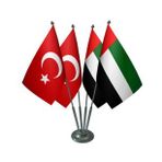 Masa Üstü Birleşik Arap Emirlikleri Bayrağı Türk Bayrağı Dörtlü Krom Direk Masa Bayrak Seti