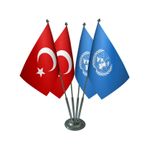 Masa Üstü Bm Birleşmiş Milletler Bayrağı Türk Bayrağı Dörtlü Krom Direk Masa Bayrak Seti