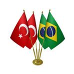 Masa Üstü Brezilya Bayrağı Türk Bayrağı Dörtlü Pirinç Direk Masa Bayrak Seti