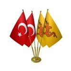 Masa Üstü Büyük Hun İmparatorluğu Bayrağı Türk Bayrağı Dörtlü Pirinç Direk Masa Bayrak Seti