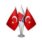 Masa Üstü Chp Bayrağı Türk Bayrağı Üçlü Krom Direk Masa Bayrak Seti