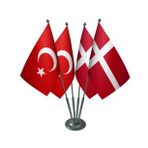 Masa Üstü Danimarka Bayrağı Türk Bayrağı Dörtlü Krom Direk Masa Bayrak Seti