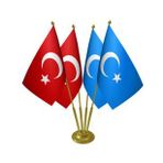 Masa Üstü Doğu Türkistan Bayrağı Türk Bayrağı Dörtlü Pirinç Direk Masa Bayrak Seti
