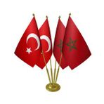 Masa Üstü Fas Bayrağı Türk Bayrağı Dörtlü Pirinç Direk Masa Bayrak Seti