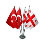 Masa Üstü Gürcistan Bayrağı Türk Bayrağı Dörtlü Krom Direk Masa Bayrak Seti