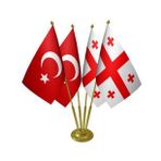 Masa Üstü Gürcistan Bayrağı Türk Bayrağı Dörtlü Pirinç Direk Masa Bayrak Seti