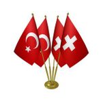 Masa Üstü İsviçre Bayrağı Türk Bayrağı Dörtlü Pirinç Direk Masa Bayrak Seti
