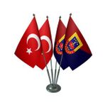 Masa Üstü Jandarma Bayrağı Türk Bayrağı Dörtlü Krom Direk Masa Bayrak Seti