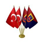 Masa Üstü Jandarma Bayrağı Türk Bayrağı Dörtlü Pirinç Direk Masa Bayrak Seti