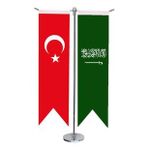 Masa Üstü Kırlangıç Suudi Arabistan + Türk Bayrağı + Krom T Direk Masa Bayrak Seti