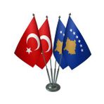 Masa Üstü Kosova Bayrağı Türk Bayrağı Dörtlü Krom Direk Masa Bayrak Seti