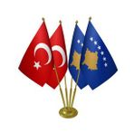Masa Üstü Kosova Bayrağı Türk Bayrağı Dörtlü Pirinç Direk Masa Bayrak Seti