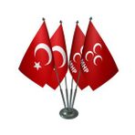 Masa Üstü Mhp Bayrağı Türk Bayrağı Dörtlü Krom Direk Masa Bayrak Seti