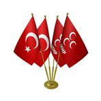 Masa Üstü Mhp Bayrağı Türk Bayrağı Dörtlü Pirinç Direk Masa Bayrak Seti