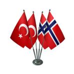 Masa Üstü Norveç Bayrağı Türk Bayrağı Dörtlü Krom Direk Masa Bayrak Seti