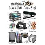 Masa Üstü Ofis Paketi 9 Parça Metal Evrak Rafı Metal Kalemlik Zımba Makinesi Teli Delegeç Çöp Kovası Küp Notluk