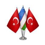Masa Üstü Özbekistan Bayrağı Türk Bayrağı Üçlü Krom Direk Masa Bayrak Seti