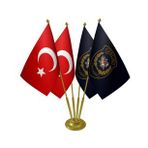 Masa Üstü Pöh Polis Özel Harekat Bayrağı Türk Bayrağı Dörtlü Pirinç Direk Masa Bayrak Seti