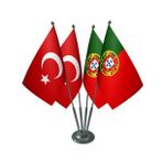 Masa Üstü Portekiz Bayrağı Türk Bayrağı Dörtlü Krom Direk Masa Bayrak Seti