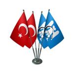 Masa Üstü Selçuklu Devleti Bayrağı Türk Bayrağı Dörtlü Krom Direk Masa Bayrak Seti