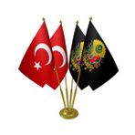 Masa Üstü Siyah Osmanlı Arması Bayrağı Türk Bayrağı Dörtlü Pirinç Direk Masa Bayrak Seti