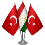 Masa Üstü Tacikistan Bayrağı Türk Bayrağı Üçlü Krom Direk Masa Bayrak Seti