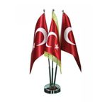 Masa Üstü Üçlü Türk Bayrağı Biri Simli + Üçlü Krom Direk Masa Bayrak Seti