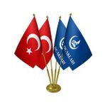 Masa Üstü Ülkü Ocakları Bayrağı Türk Bayrağı Dörtlü Pirinç Direk Masa Bayrak Seti