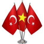 Masa Üstü Vietnam Bayrağı Türk Bayrağı Üçlü Krom Direk Masa Bayrak Seti
