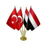 Masa Üstü Yemen Bayrağı Türk Bayrağı Dörtlü Pirinç Direk Masa Bayrak Seti
