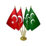 Masa Üstü Yeşil Üç Hilal Sancağı Türk Bayrağı Dörtlü Pirinç Direk Masa Bayrak Seti