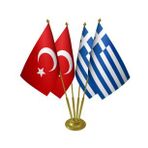 Masa Üstü Yunanistan Bayrağı Türk Bayrağı Dörtlü Pirinç Direk Masa Bayrak Seti