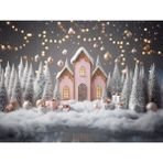 Masalsı Noel Köyü: Pembe Ev ve Karlar Diyarı Arka Planı 200X150CM Stüdyo Fonu