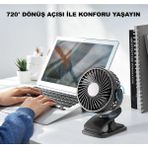 Masaüstü Şarjlı Mandallı 360° Manuel Dönen Mini Fan Vantilatör Şarjlı Klipsli Soğutucu Siyah 3 Kademe