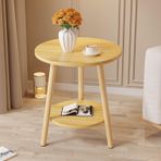 Masif Ahşap 2 Katlı Yuvarlak Yan Sehpa, Depolama Raflı Küçük Alanlar için Braket MDF Masaüstü Oturma Odası veya Yatak Odası için Küçük Yuvarlak Yan Sehpa Ahşap Kaplama 60 cm/23,6 inç