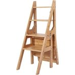 Masif Ahşap Katlanır Merdiven Sandalyesi, 4 Basamaklı Katlanır Tabure, Çift Kullanımlı Tabure, 4 Basamaklı Çiçek Rafı (Boyut: 35 x 46 x 90 cm, Renk: Ahşap)