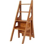 Masif Ahşap Katlanır Merdiven Sandalyesi, 4 Basamaklı Katlanır Tabure, Çift Kullanımlı Tabure, Çiçek Standı (Boyut: 35 x 46 x 90 cm, Renk: Ceviz)