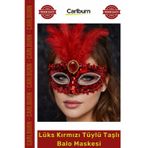 #Maske Gösterişli Payetli Taşlı Maskeli Balo Parti Eğlence Lüks Kırmızı Tüylü Taşlı Balo Maskesi